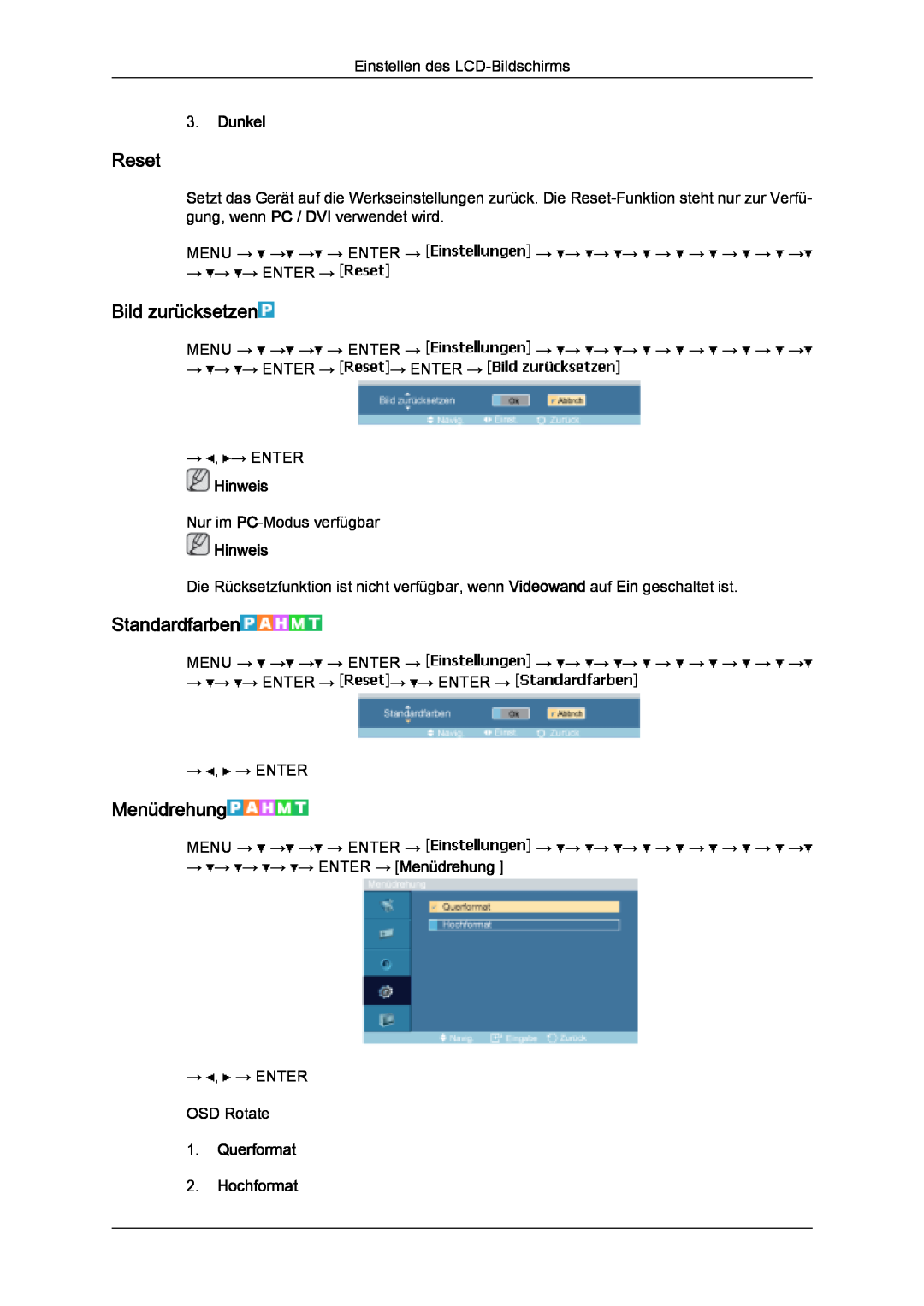 Samsung LH32MGQLBC/EN manual Reset, Bild zurücksetzen, Standardfarben, Dunkel, →→ → → → ENTER → Menüdrehung, Hinweis 