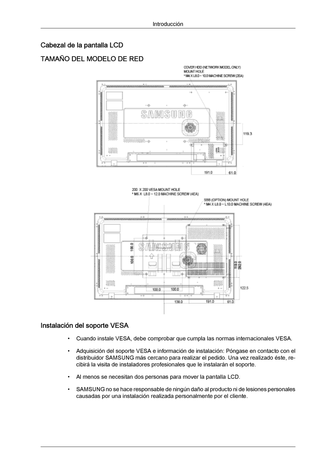 Samsung LH32MGULBC/EN, LH32MGQLBC/EN, LH32MGUSBC/EN, LH32MGQMBC/EN Cabezal de la pantalla LCD, Instalación del soporte Vesa 