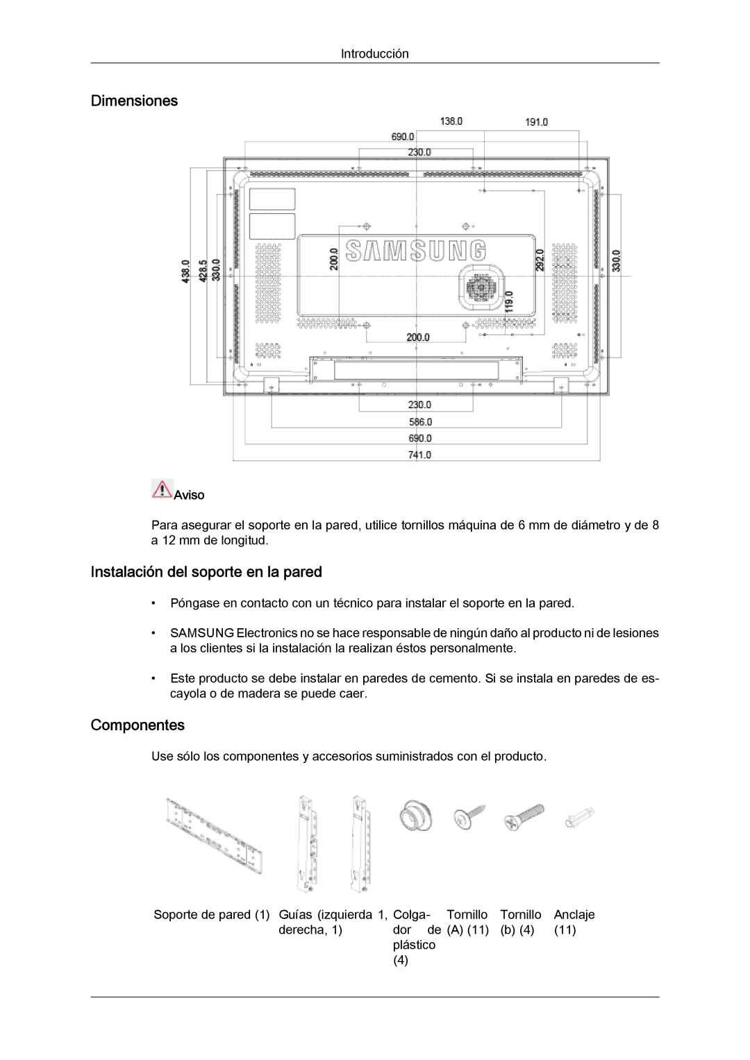 Samsung LH32MGQLBC/EN, LH32MGULBC/EN, LH32MGUSBC/EN Dimensiones, Instalación del soporte en la pared, Componentes, Aviso 