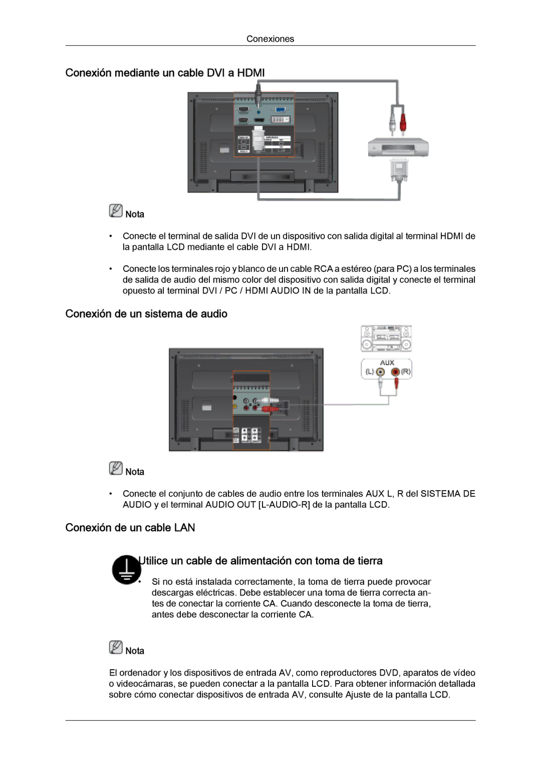 Samsung LH32MGQLBC/EN, LH32MGULBC/EN, LH32MGUSBC/EN Conexión mediante un cable DVI a Hdmi, Conexión de un sistema de audio 