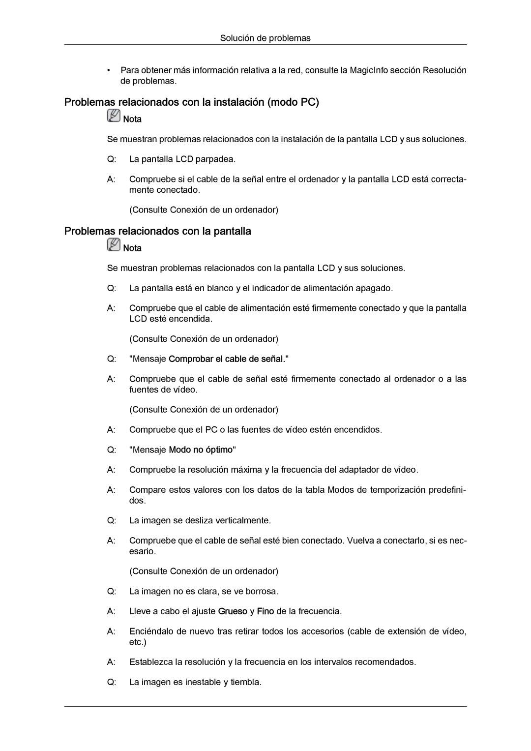 Samsung LH32MGQLBC/EN manual Problemas relacionados con la instalación modo PC, Problemas relacionados con la pantalla 