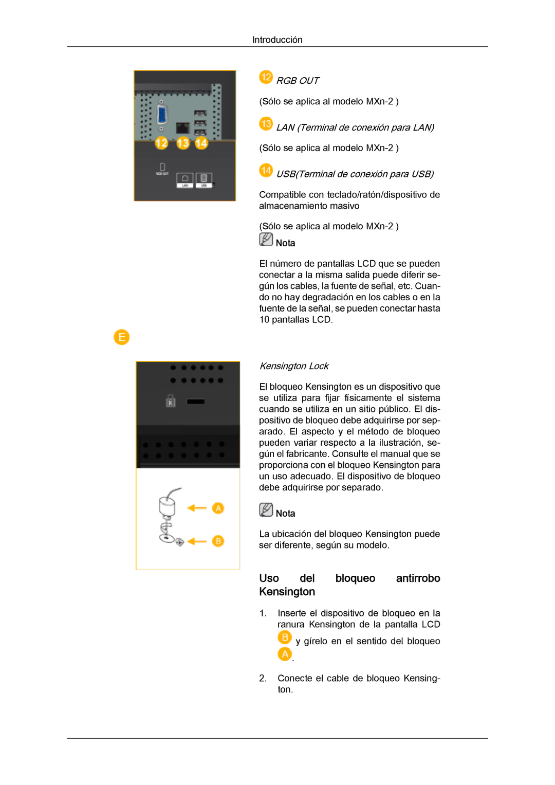 Samsung LH32MGQMBC/EN, LH32MGULBC/EN, LH32MGQLBC/EN, LH32MGUSBC/EN manual Uso del bloqueo antirrobo Kensington, Rgb Out 