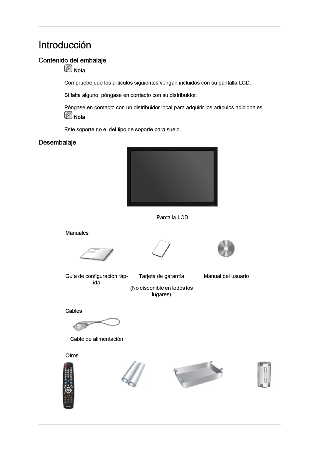 Samsung LH32MGUSBC/EN, LH32MGULBC/EN, LH32MGQLBC/EN manual Contenido del embalaje, Desembalaje, Manuales, Cables, Otros 