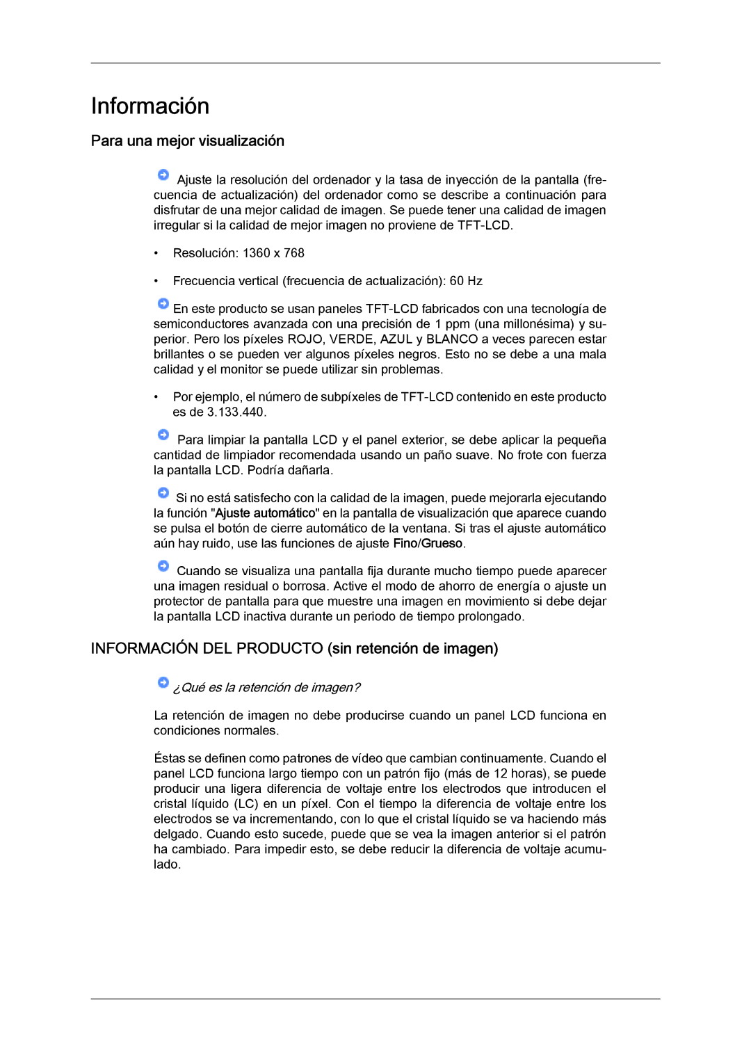 Samsung LH32MGUSBC/EN, LH32MGULBC/EN manual Para una mejor visualización, Información DEL Producto sin retención de imagen 