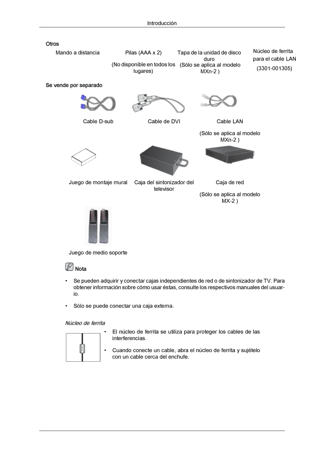 Samsung LH32MGQMBC/EN, LH32MGULBC/EN, LH32MGQLBC/EN, LH32MGUSBC/EN manual Se vende por separado, Núcleo de ferrita 