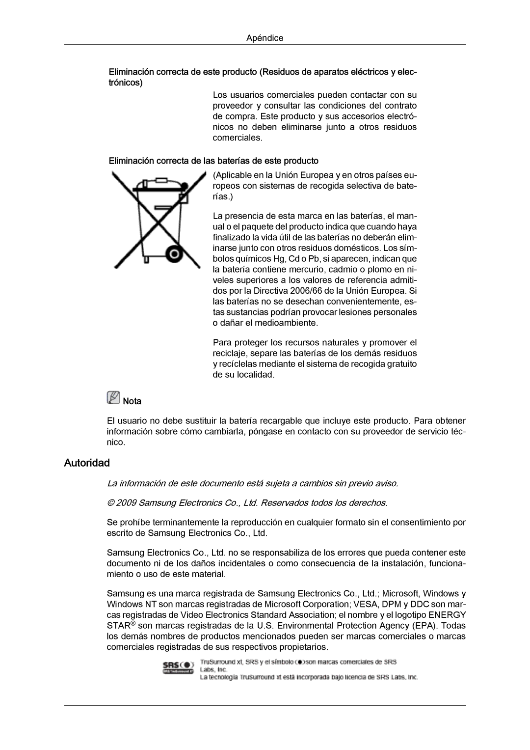 Samsung LH32MGQMBC/EN, LH32MGULBC/EN, LH32MGQLBC/EN manual Autoridad, Eliminación correcta de las baterías de este producto 