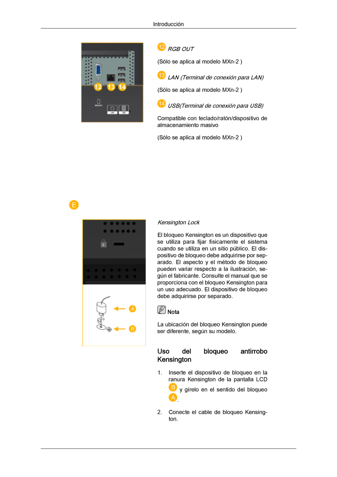 Samsung LH32MGQMBC/EN, LH32MGULBC/EN, LH32MGQLBC/EN, LH32MGUSBC/EN manual Uso del bloqueo antirrobo Kensington, Rgb Out 