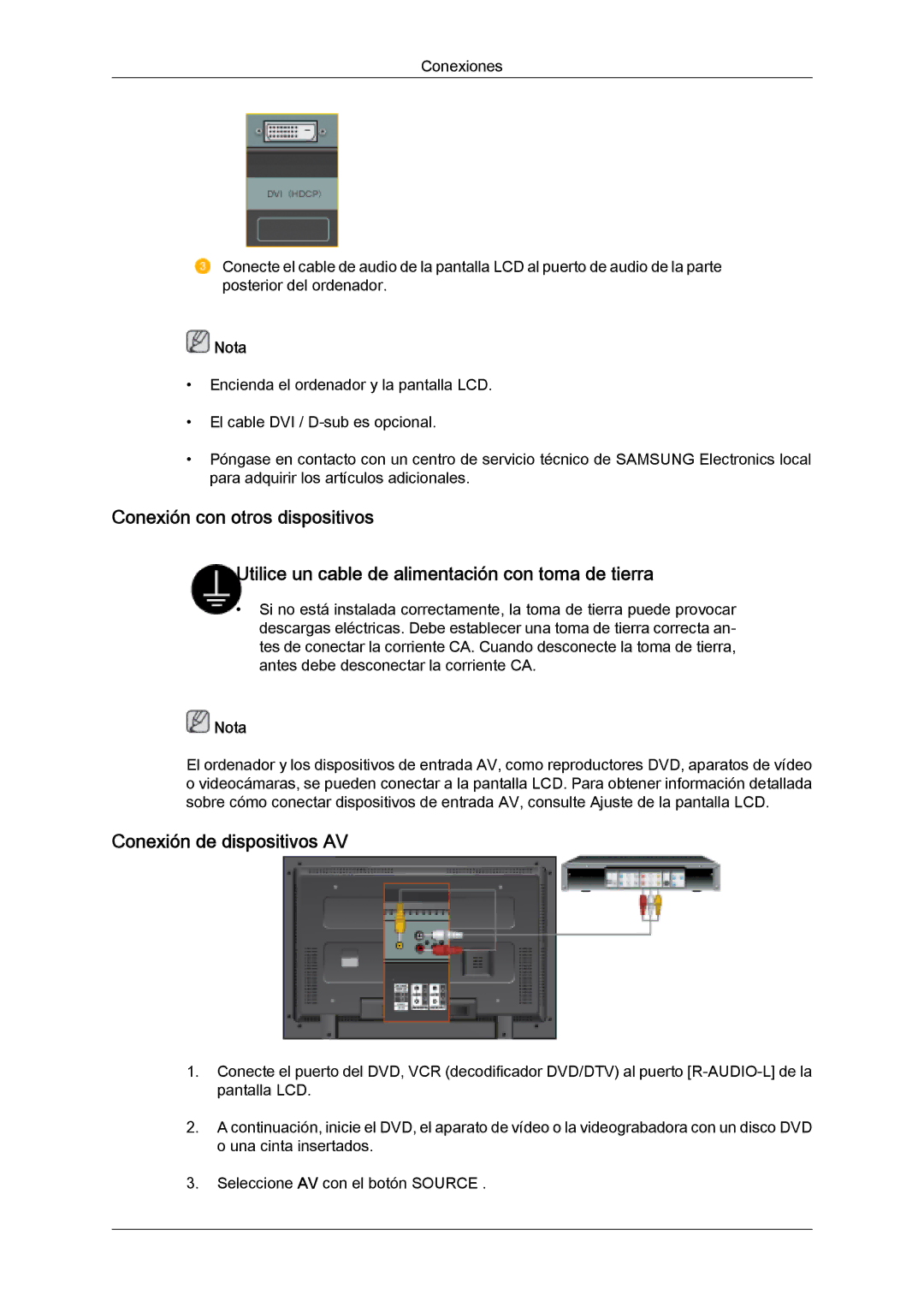 Samsung LH32MGQMBC/EN, LH32MGULBC/EN, LH32MGQLBC/EN, LH32MGUSBC/EN manual Conexión de dispositivos AV 