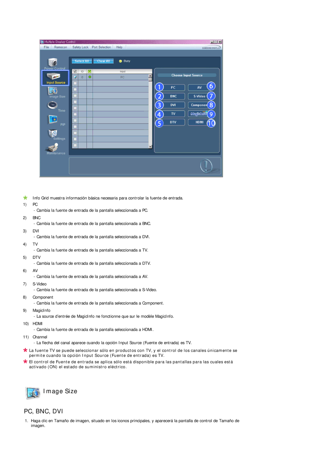 Samsung LH32MGQLBC/EN, LH32MGULBC/EN, LH32MGUSBC/EN, LH32MGQMBC/EN manual Image Size, Pc, Bnc, Dvi 