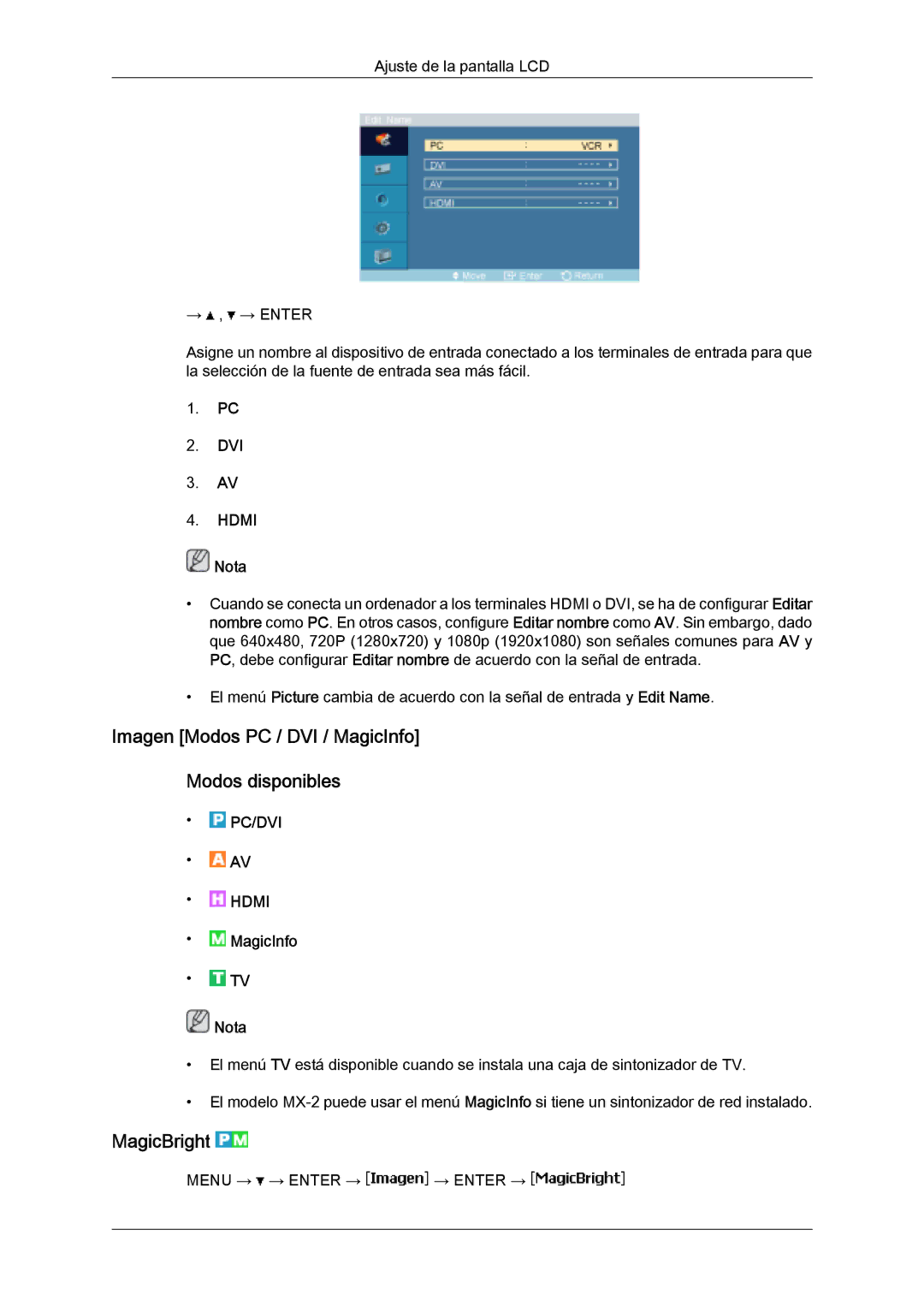 Samsung LH32MGULBC/EN, LH32MGQLBC/EN, LH32MGUSBC/EN manual Imagen Modos PC / DVI / MagicInfo Modos disponibles, MagicBright 