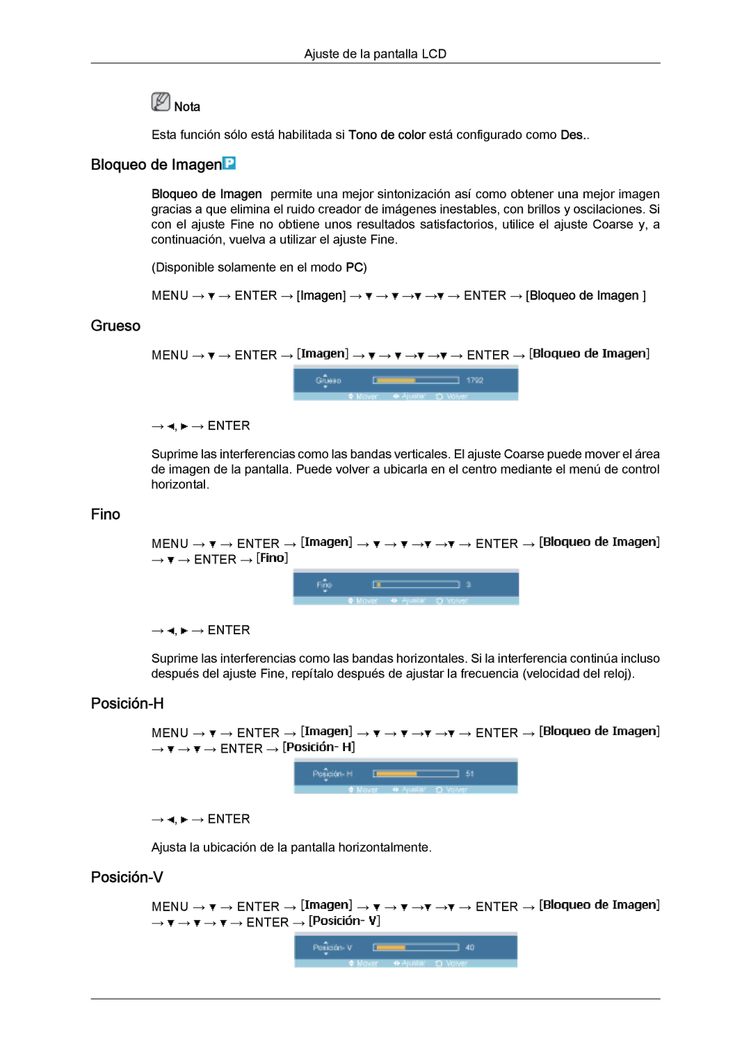 Samsung LH32MGULBC/EN, LH32MGQLBC/EN, LH32MGUSBC/EN, LH32MGQMBC/EN Bloqueo de Imagen, Grueso, Fino, Posición-H, Posición-V 