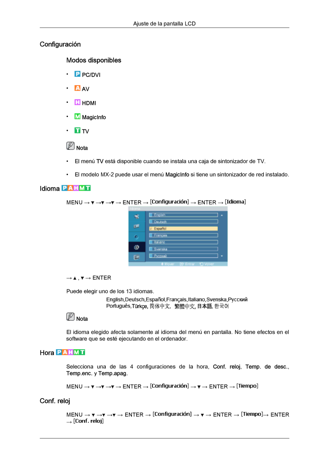 Samsung LH32MGQMBC/EN, LH32MGULBC/EN, LH32MGQLBC/EN manual Configuración Modos disponibles, Idioma, Hora, Conf. reloj 