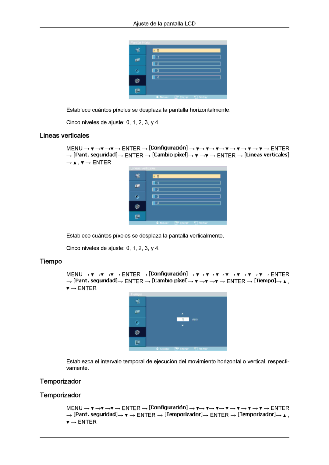 Samsung LH32MGUSBC/EN, LH32MGULBC/EN, LH32MGQLBC/EN, LH32MGQMBC/EN manual Lineas verticales, Tiempo, Temporizador 