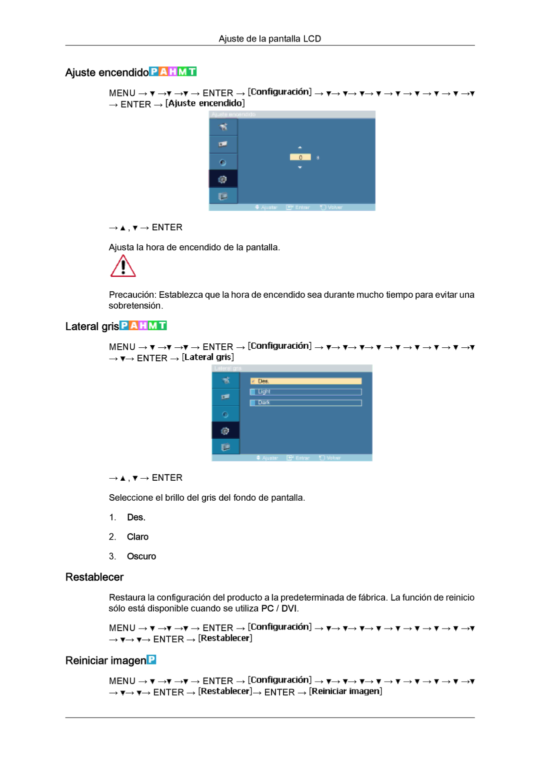 Samsung LH32MGUSBC/EN, LH32MGULBC/EN manual Ajuste encendido, Lateral gris, Restablecer, Reiniciar imagen, Des Claro Oscuro 