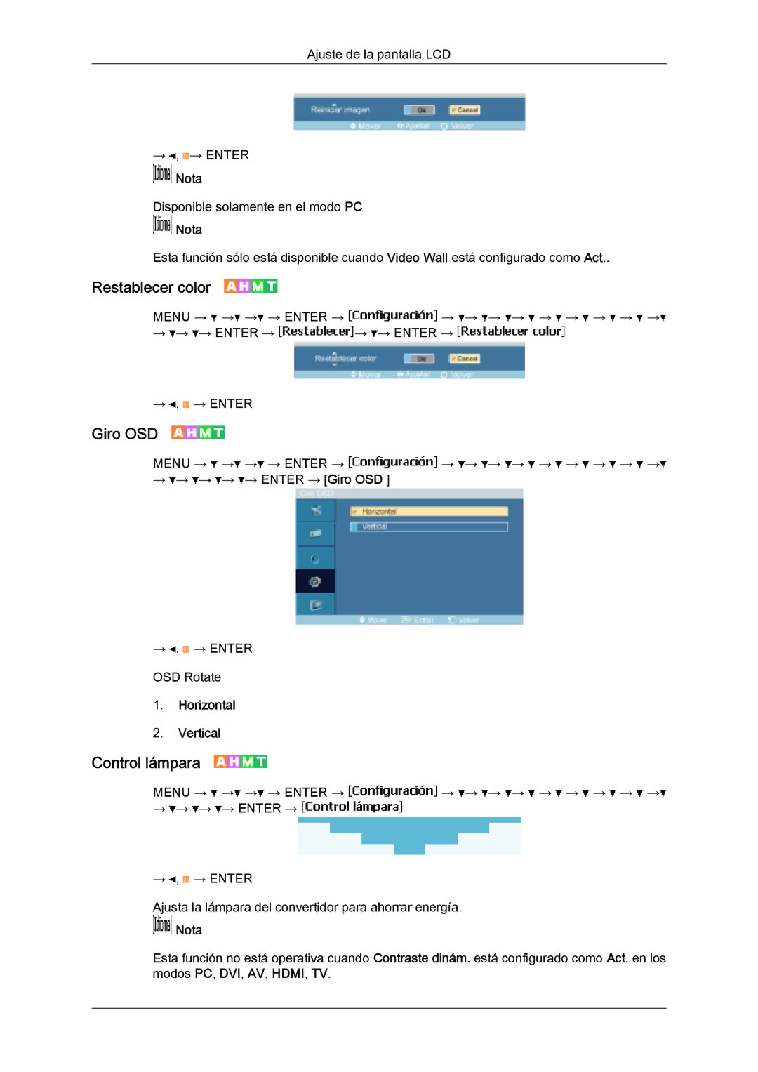 Samsung LH32MGQMBC/EN, LH32MGULBC/EN, LH32MGQLBC/EN manual Restablecer color, Giro OSD, Control lámpara, Horizontal Vertical 