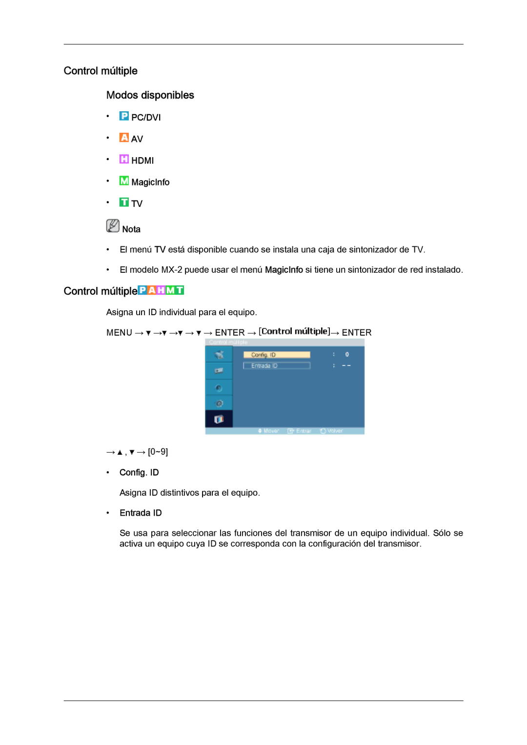 Samsung LH32MGULBC/EN, LH32MGQLBC/EN, LH32MGUSBC/EN manual Control múltiple Modos disponibles, Config. ID, Entrada ID 