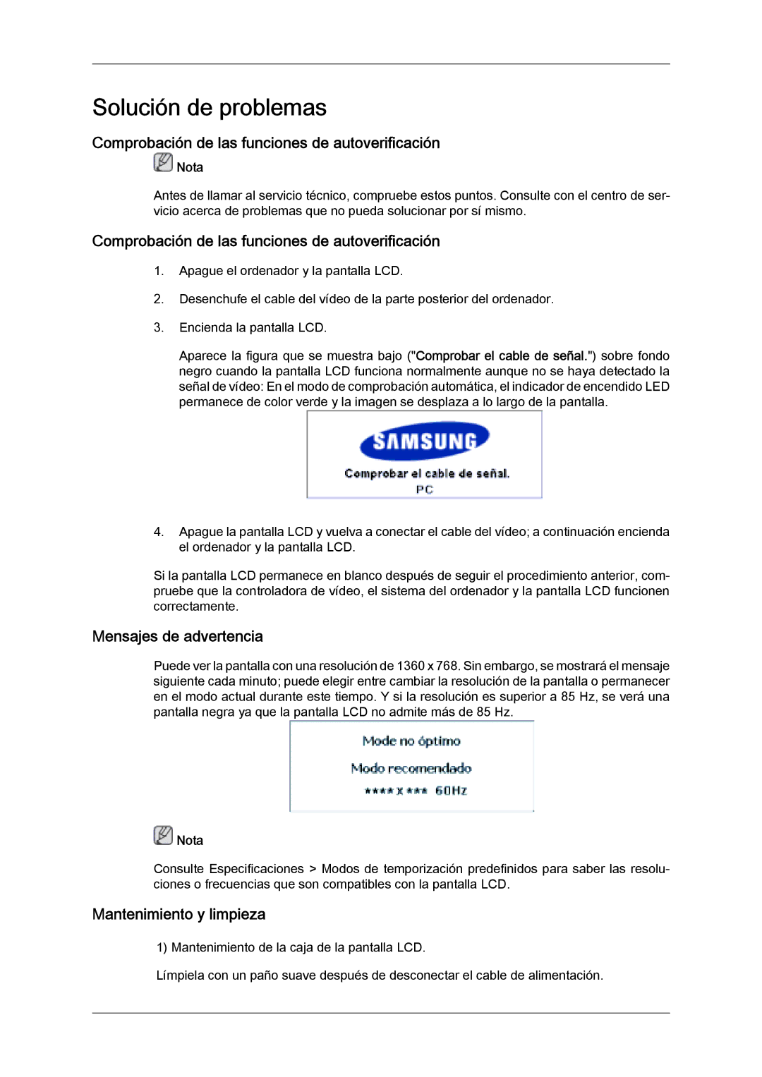 Samsung LH32MGQMBC/EN Comprobación de las funciones de autoverificación, Mensajes de advertencia, Mantenimiento y limpieza 