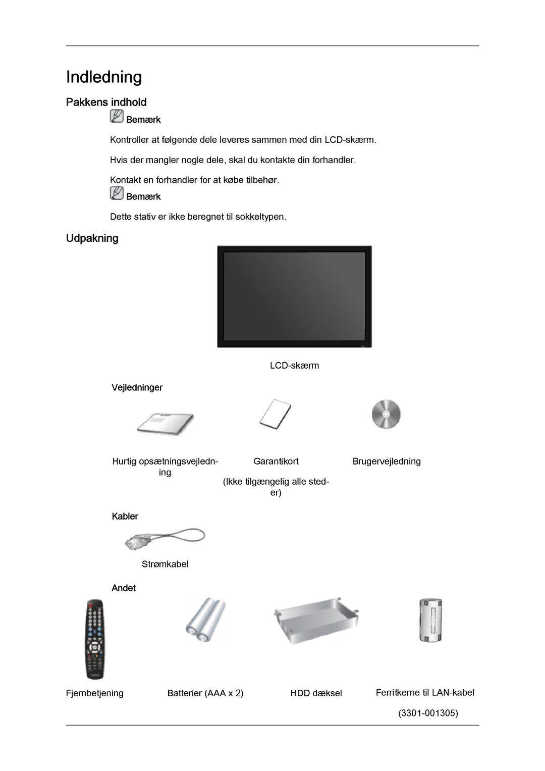 Samsung LH32MGULBC/EN, LH32MGQLBC/EN manual Pakkens indhold, Udpakning, Vejledninger, Kabler, Andet 