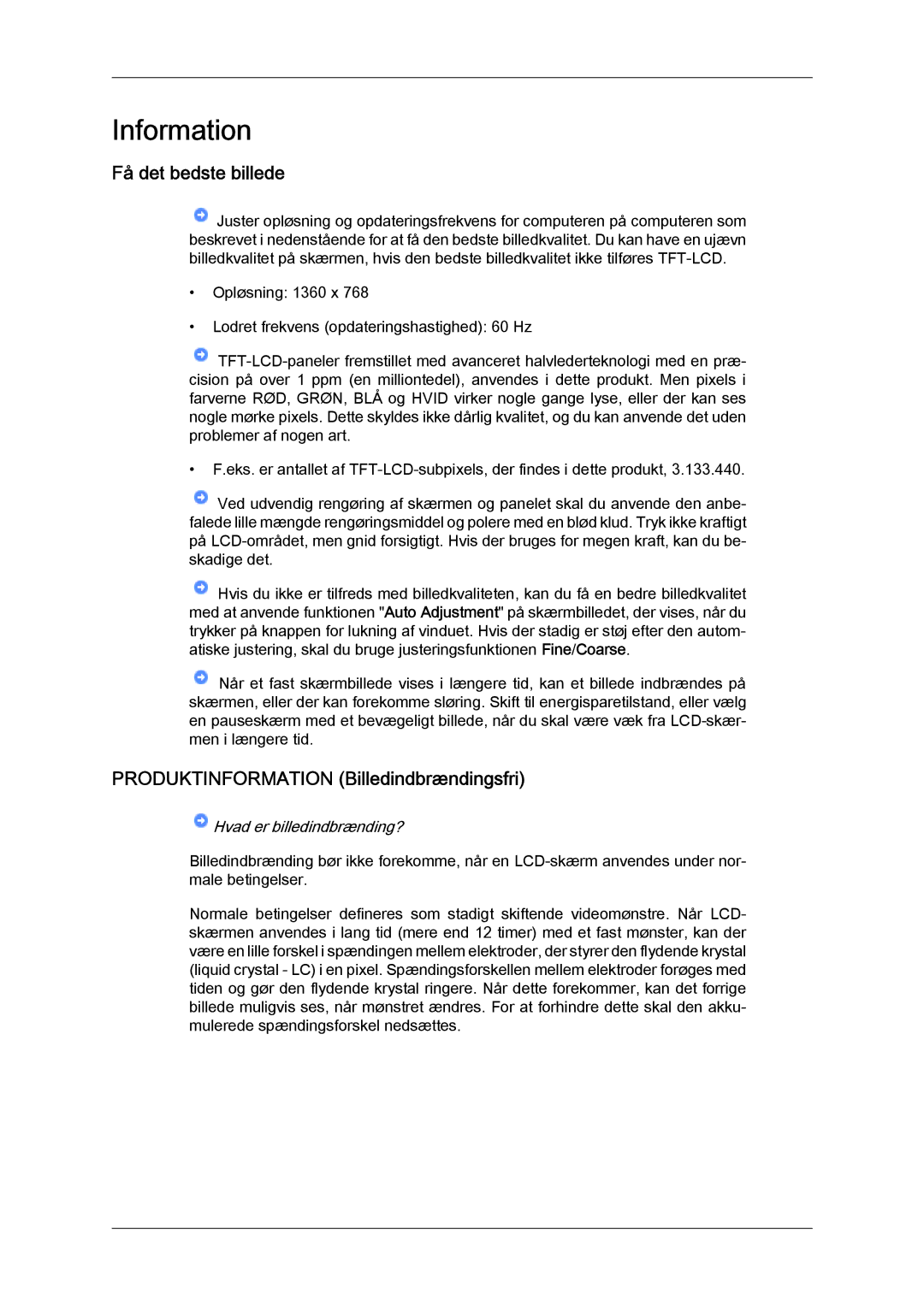 Samsung LH32MGULBC/EN, LH32MGQLBC/EN manual Få det bedste billede, Produktinformation Billedindbrændingsfri 