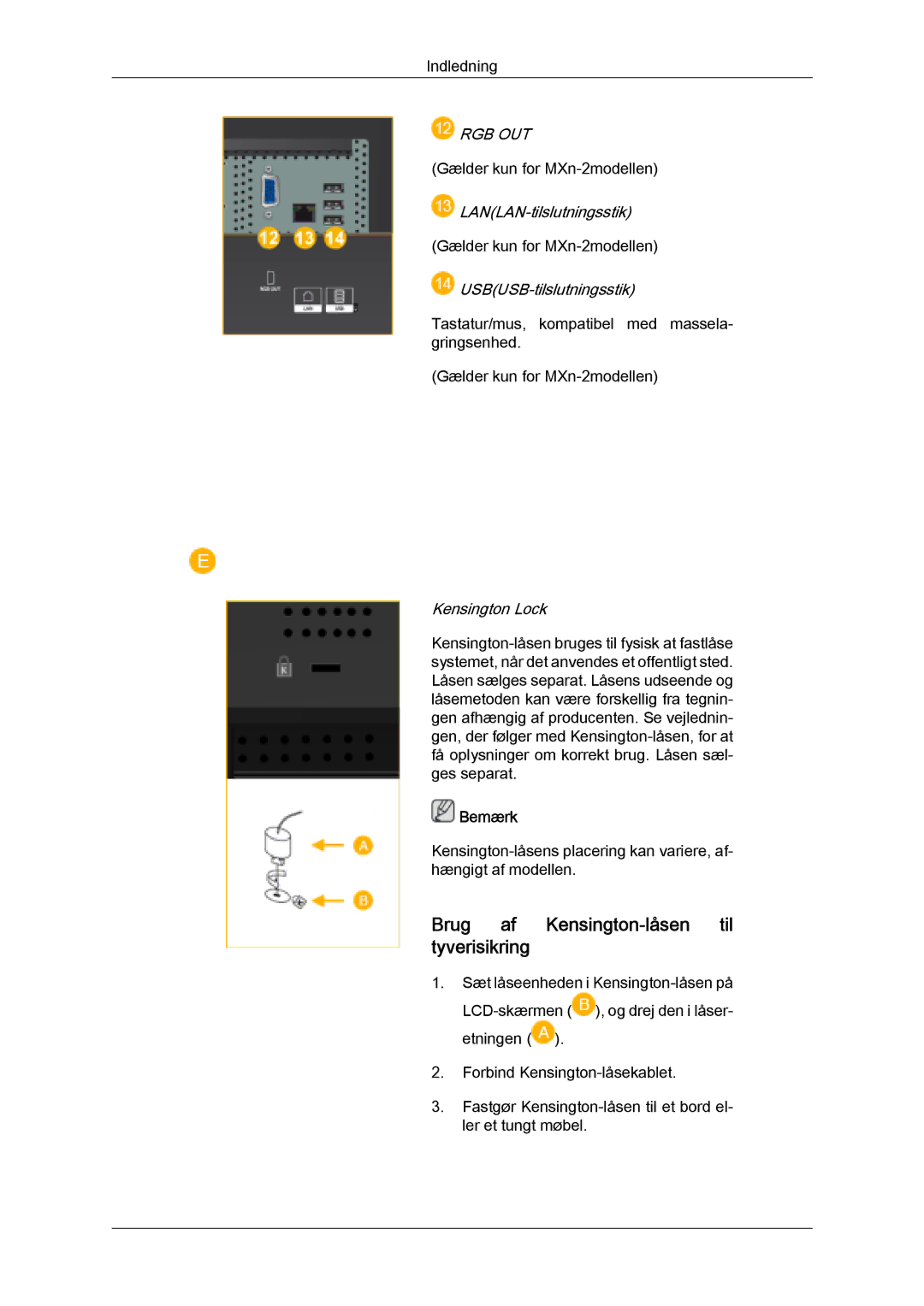 Samsung LH32MGQLBC/EN, LH32MGULBC/EN manual Brug af Kensington-låsen til tyverisikring, Rgb Out 