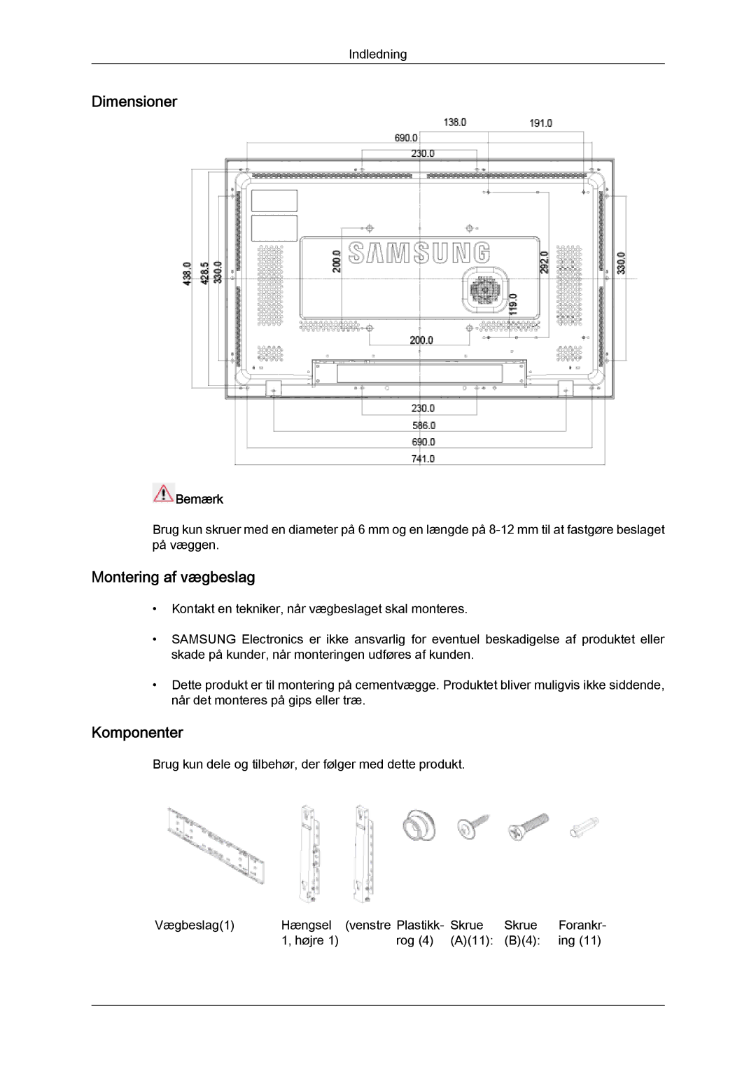 Samsung LH32MGQLBC/EN, LH32MGULBC/EN manual Dimensioner, Montering af vægbeslag, Komponenter 