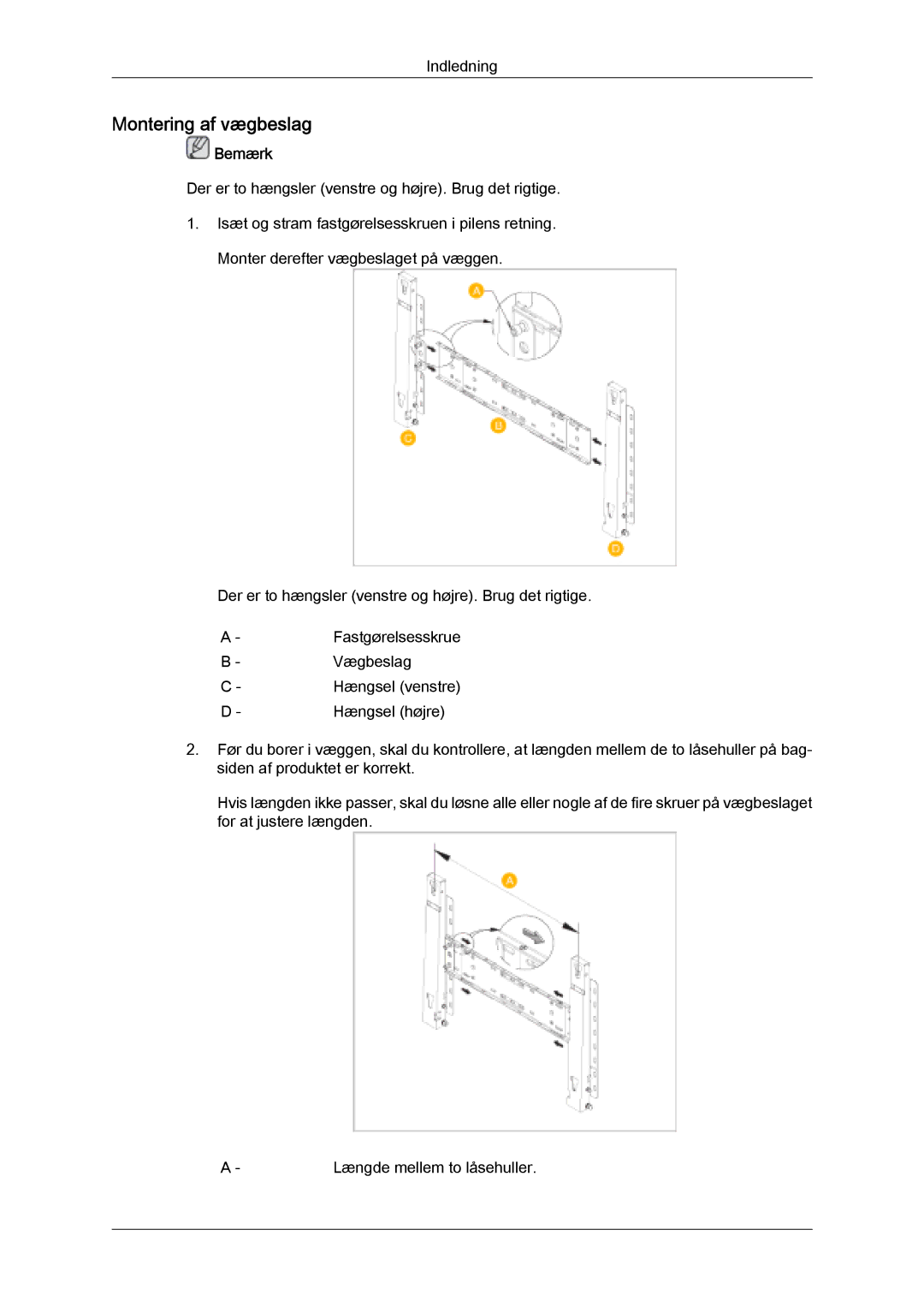 Samsung LH32MGULBC/EN, LH32MGQLBC/EN manual Montering af vægbeslag 