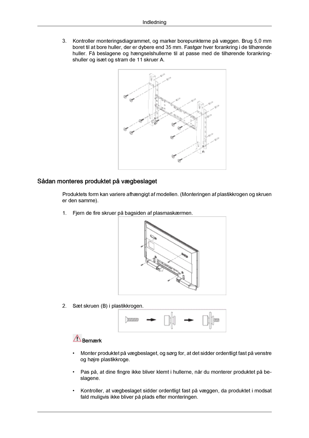 Samsung LH32MGQLBC/EN, LH32MGULBC/EN manual Sådan monteres produktet på vægbeslaget 