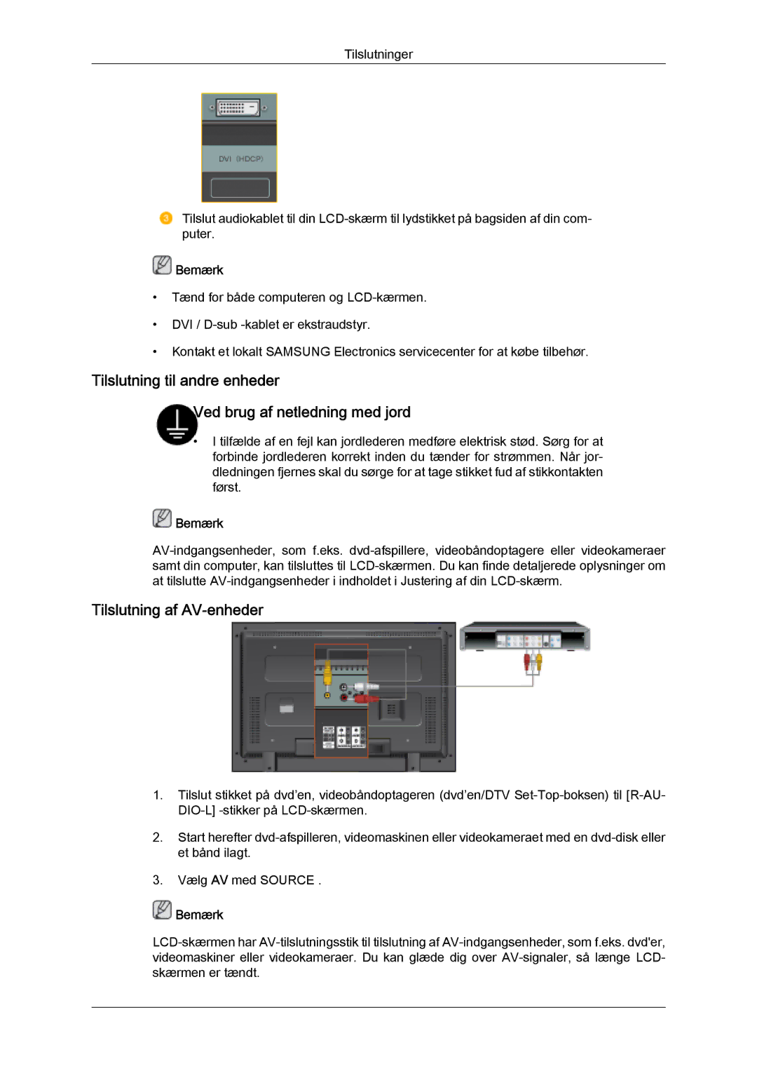 Samsung LH32MGQLBC/EN, LH32MGULBC/EN manual Tilslutning af AV-enheder 