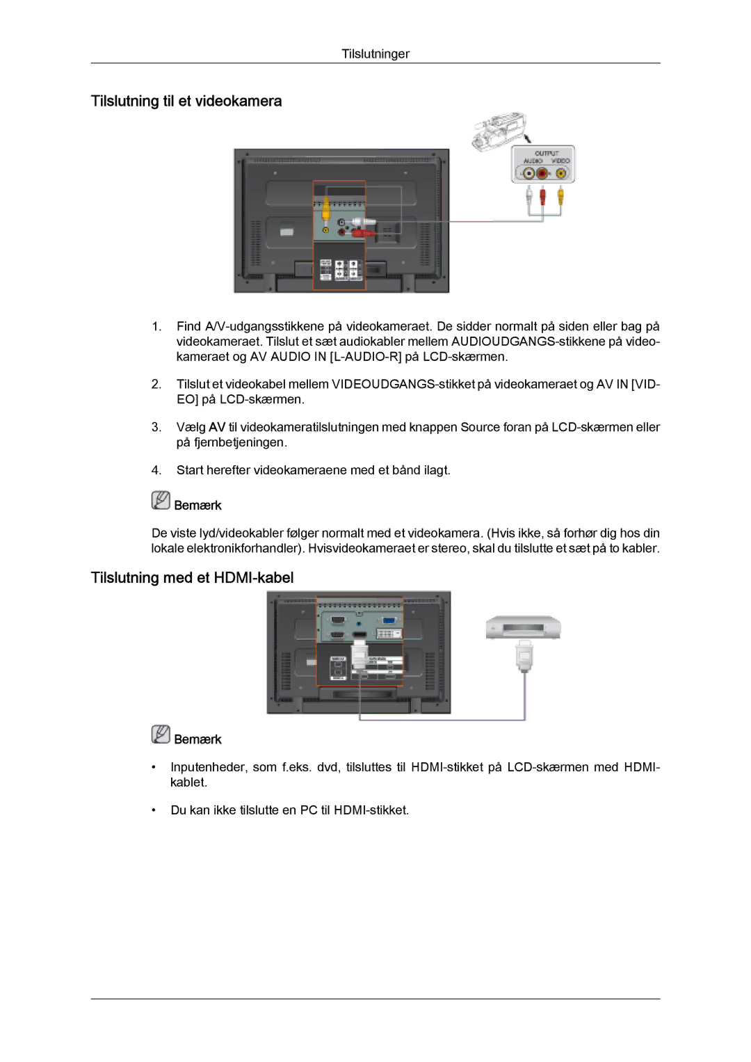 Samsung LH32MGULBC/EN, LH32MGQLBC/EN manual Tilslutning til et videokamera, Tilslutning med et HDMI-kabel 