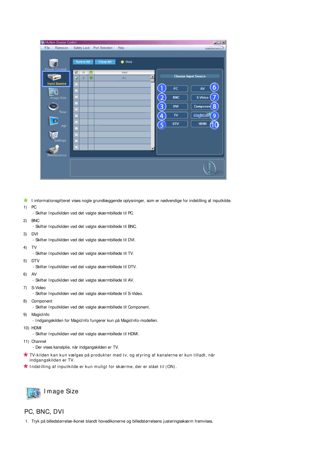 Samsung LH32MGQLBC/EN, LH32MGULBC/EN manual Image Size, Pc, Bnc, Dvi 