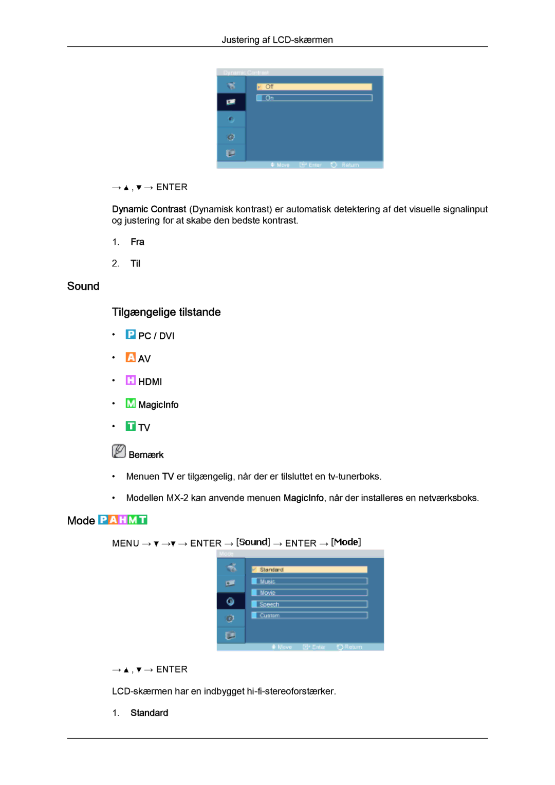Samsung LH32MGULBC/EN, LH32MGQLBC/EN manual Sound Tilgængelige tilstande, Pc / Dvi 