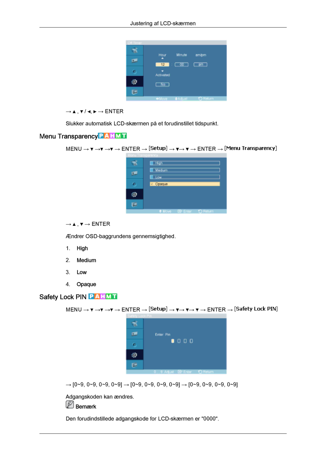 Samsung LH32MGQLBC/EN, LH32MGULBC/EN manual Menu Transparency, Safety Lock PIN, High Medium Low Opaque 