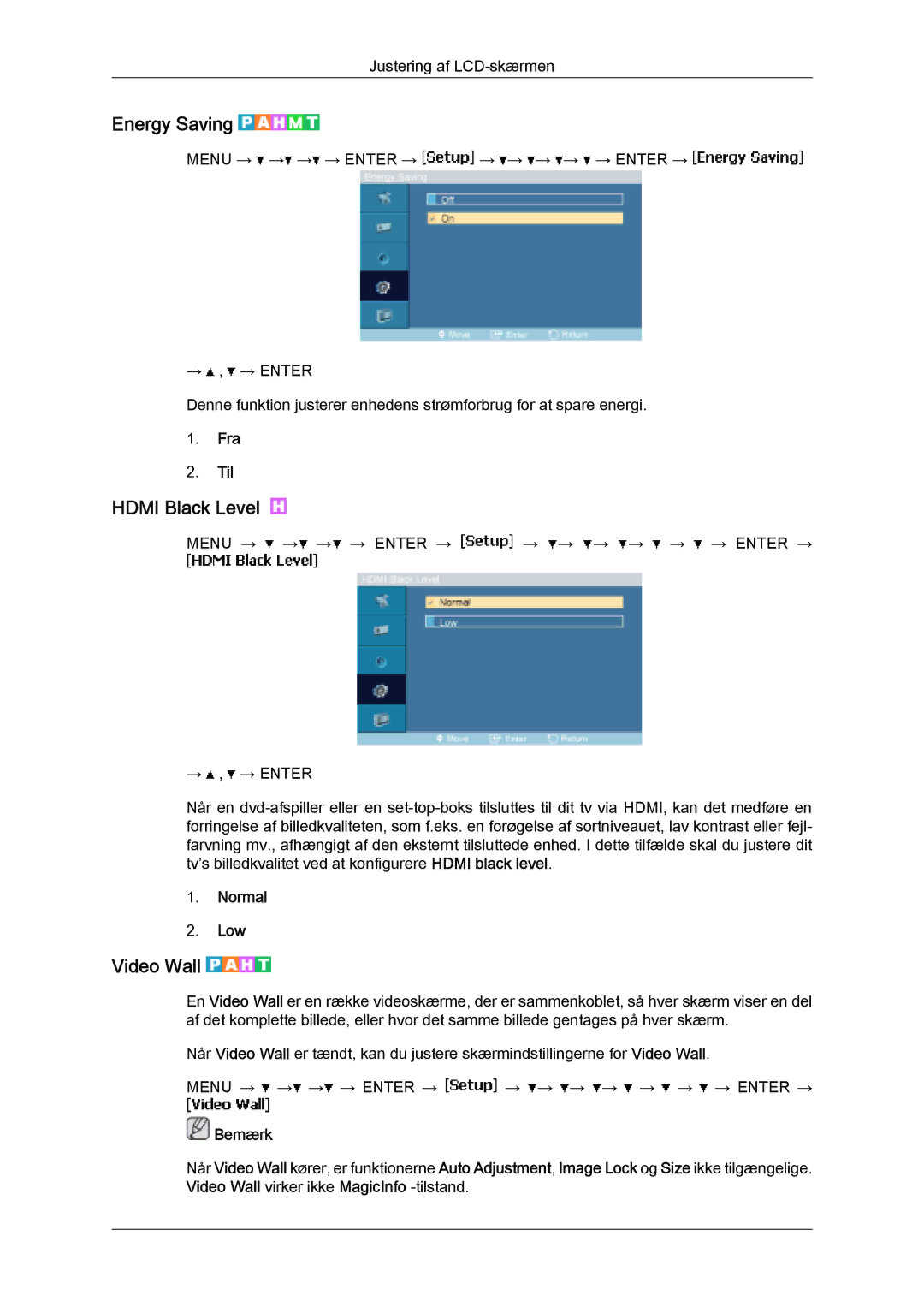 Samsung LH32MGULBC/EN, LH32MGQLBC/EN manual Energy Saving, Hdmi Black Level, Video Wall, Normal Low 
