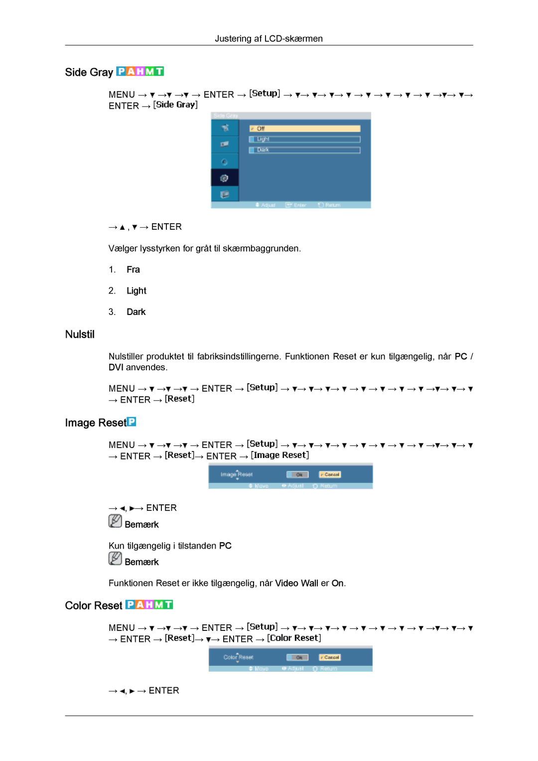 Samsung LH32MGULBC/EN, LH32MGQLBC/EN manual Side Gray, Nulstil, Image Reset, Color Reset, Fra Light Dark 