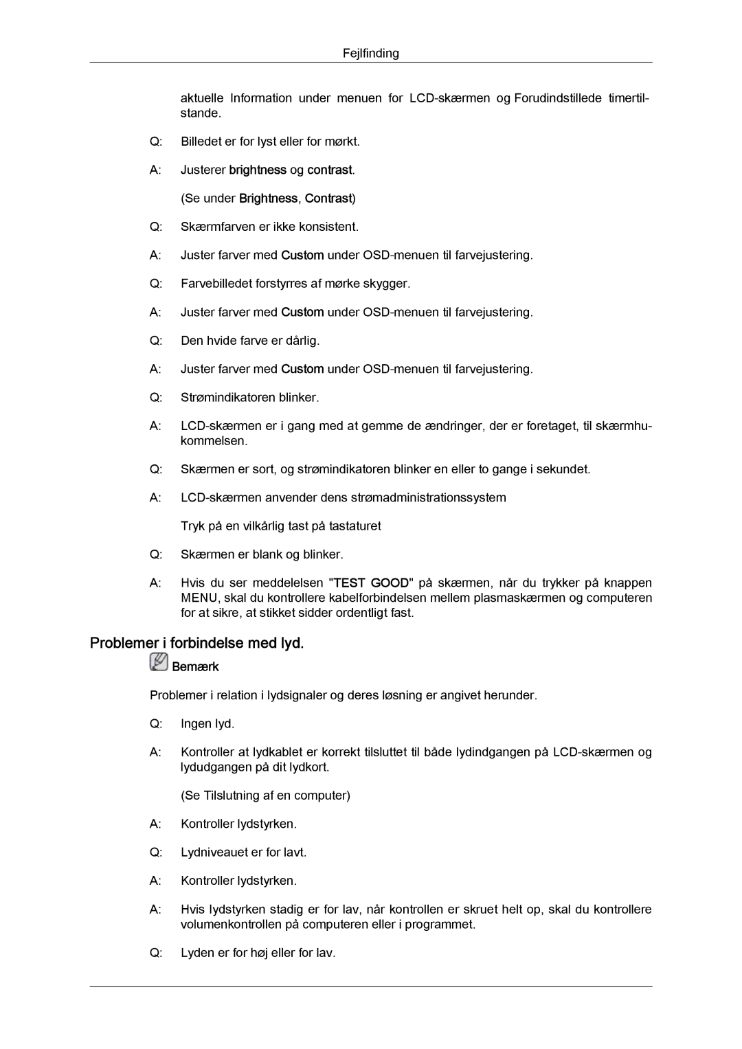 Samsung LH32MGULBC/EN, LH32MGQLBC/EN manual Problemer i forbindelse med lyd 