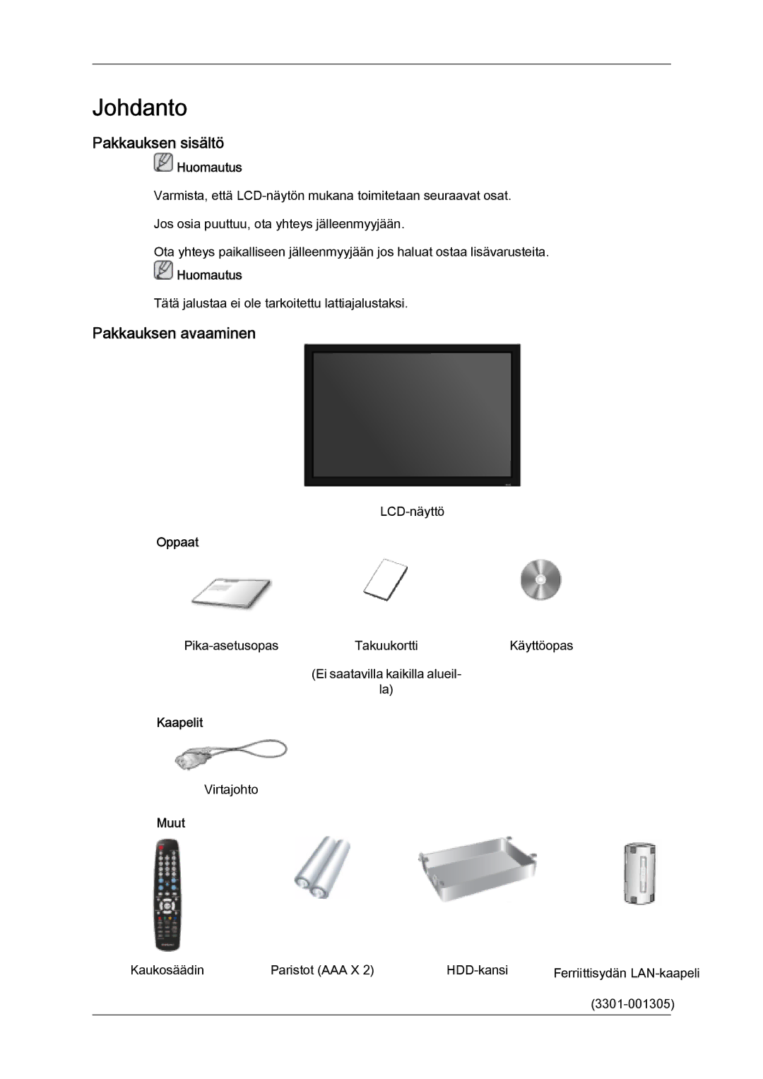 Samsung LH32MGULBC/EN, LH32MGQLBC/EN manual Pakkauksen sisältö, Pakkauksen avaaminen, Oppaat, Kaapelit, Muut 