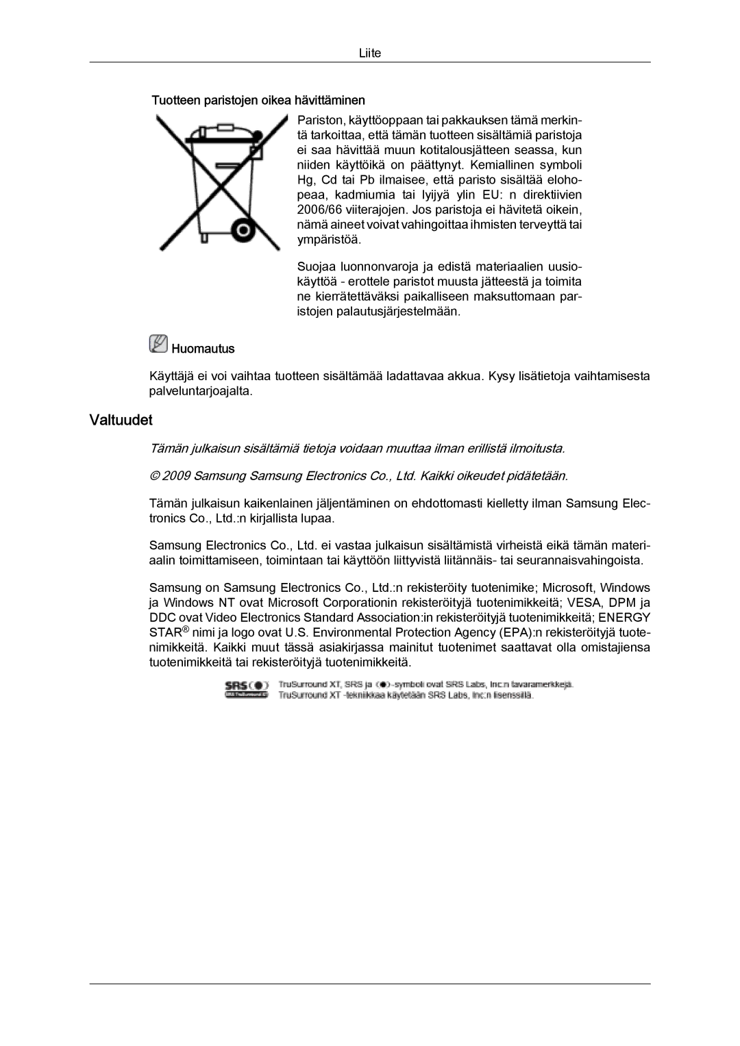 Samsung LH32MGULBC/EN, LH32MGQLBC/EN manual Valtuudet, Tuotteen paristojen oikea hävittäminen 