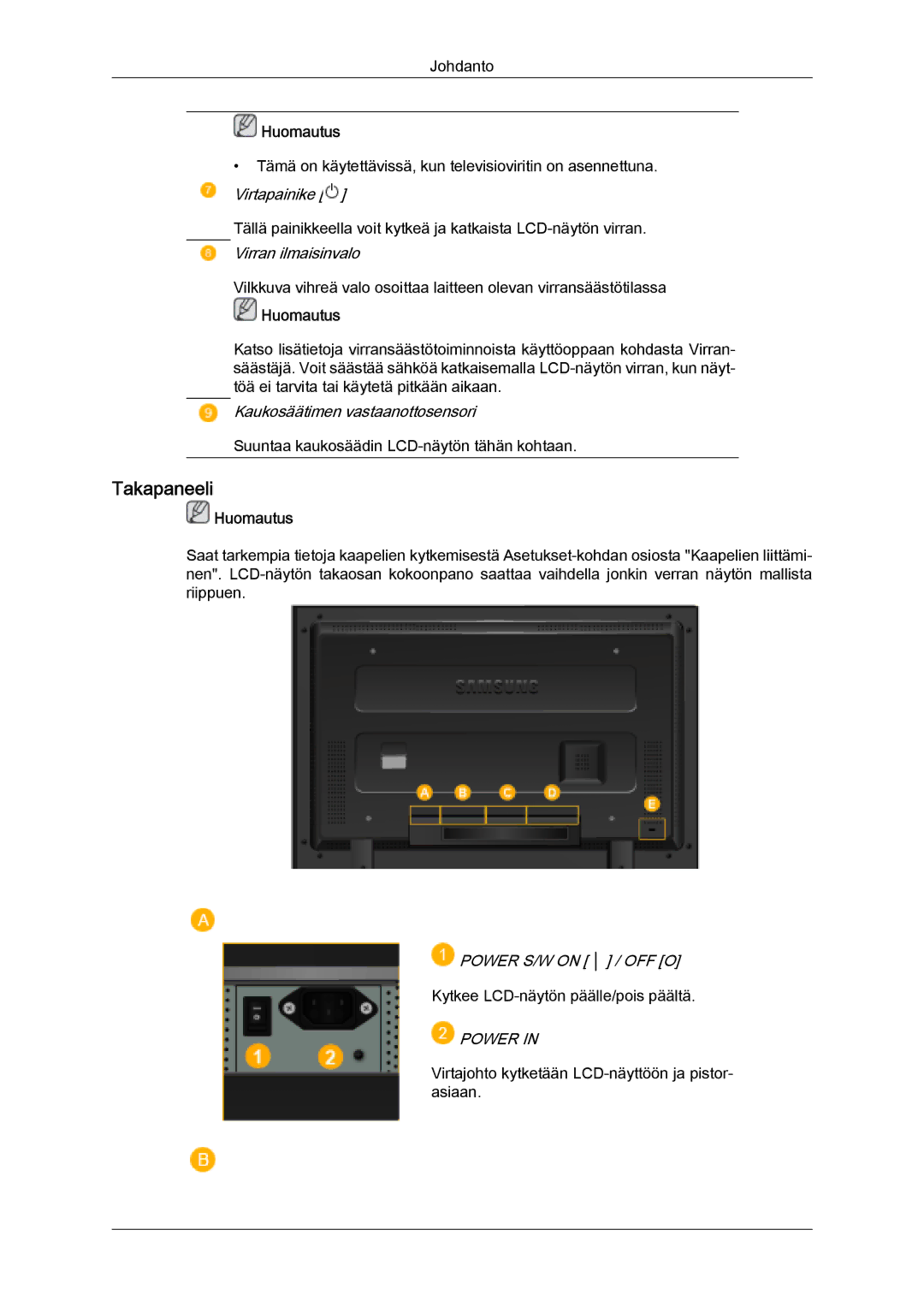 Samsung LH32MGQLBC/EN, LH32MGULBC/EN manual Takapaneeli, Power 