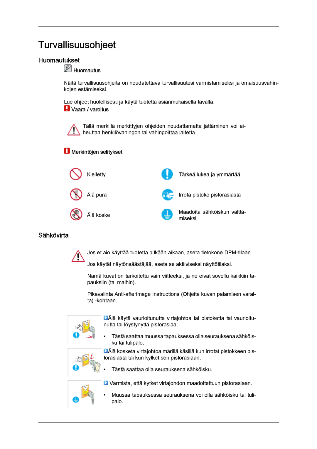 Samsung LH32MGULBC/EN, LH32MGQLBC/EN manual Huomautukset, Sähkövirta, Huomautus, Vaara / varoitus, Merkintöjen selitykset 