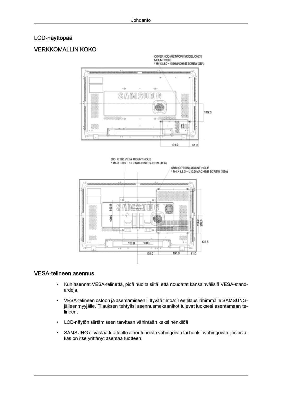 Samsung LH32MGULBC/EN, LH32MGQLBC/EN manual LCD-näyttöpää, VESA-telineen asennus 