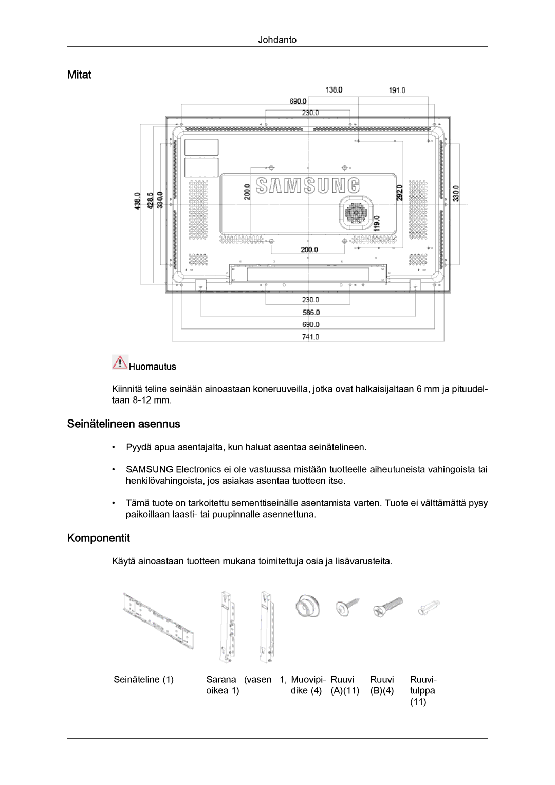 Samsung LH32MGQLBC/EN, LH32MGULBC/EN manual Mitat, Seinätelineen asennus, Komponentit 