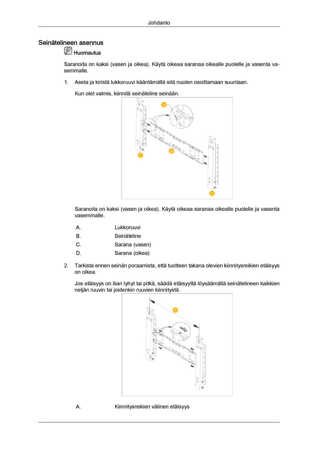 Samsung LH32MGULBC/EN, LH32MGQLBC/EN manual Seinätelineen asennus 