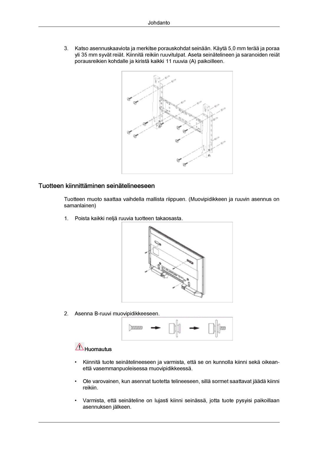 Samsung LH32MGQLBC/EN, LH32MGULBC/EN manual Tuotteen kiinnittäminen seinätelineeseen 