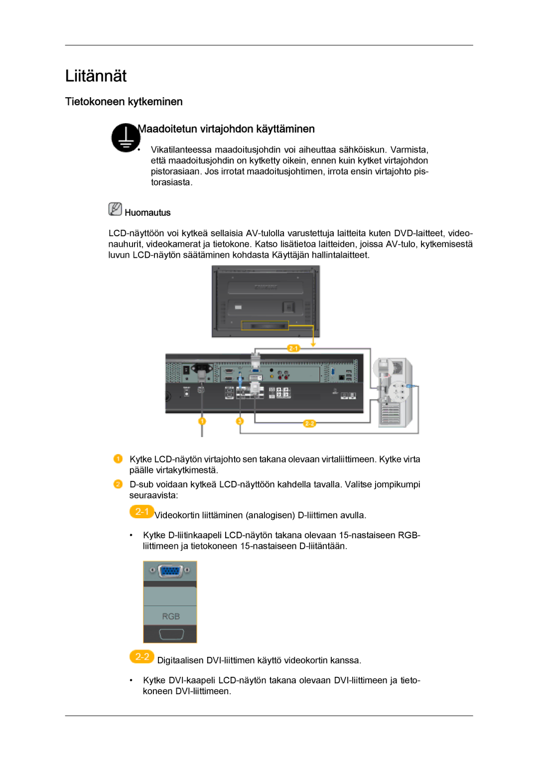 Samsung LH32MGULBC/EN, LH32MGQLBC/EN manual Liitännät, Tietokoneen kytkeminen Maadoitetun virtajohdon käyttäminen 