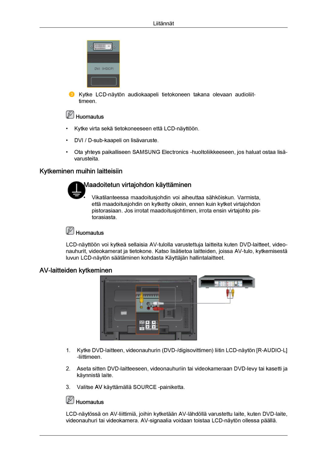 Samsung LH32MGQLBC/EN, LH32MGULBC/EN manual AV-laitteiden kytkeminen 