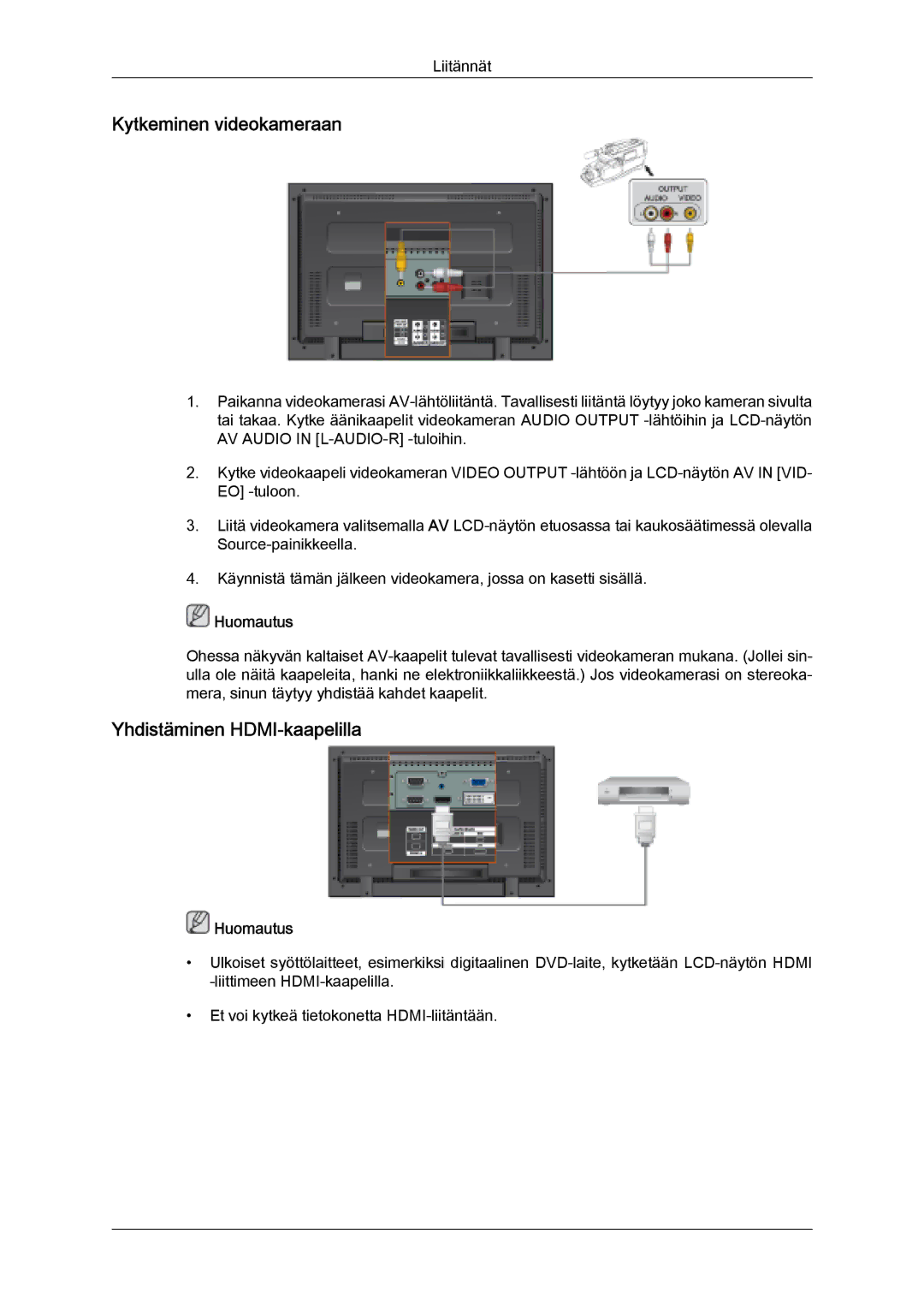 Samsung LH32MGULBC/EN, LH32MGQLBC/EN manual Kytkeminen videokameraan, Yhdistäminen HDMI-kaapelilla 