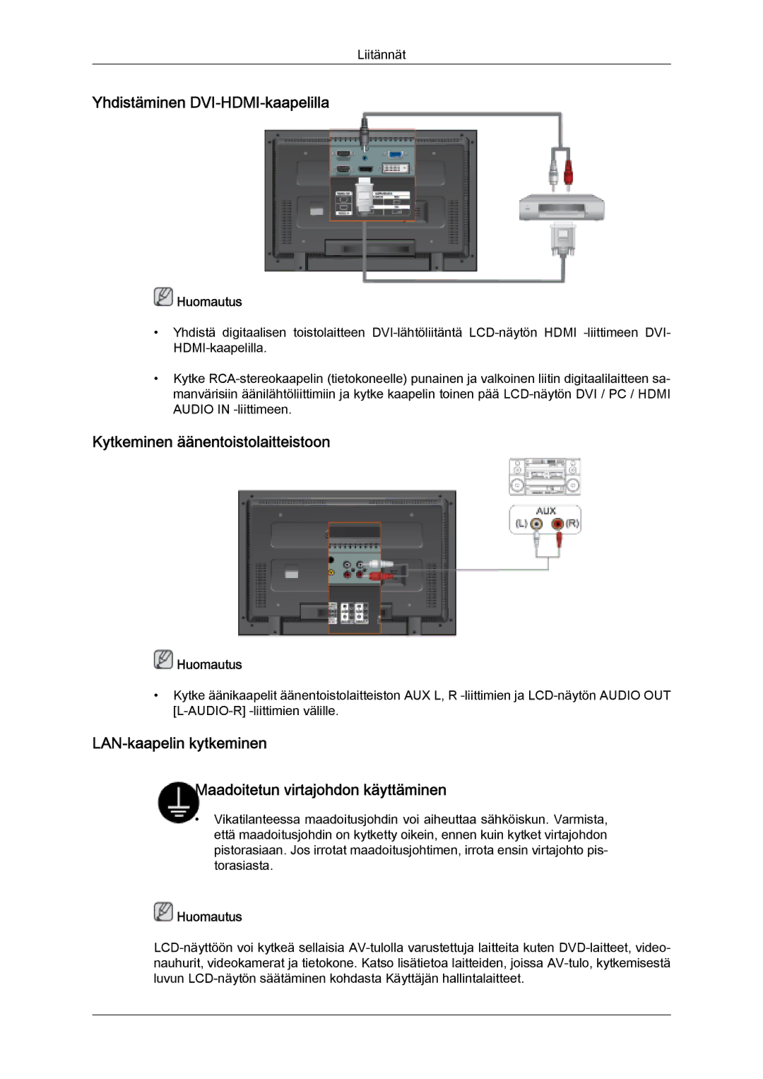 Samsung LH32MGQLBC/EN, LH32MGULBC/EN manual Yhdistäminen DVI-HDMI-kaapelilla, Kytkeminen äänentoistolaitteistoon 