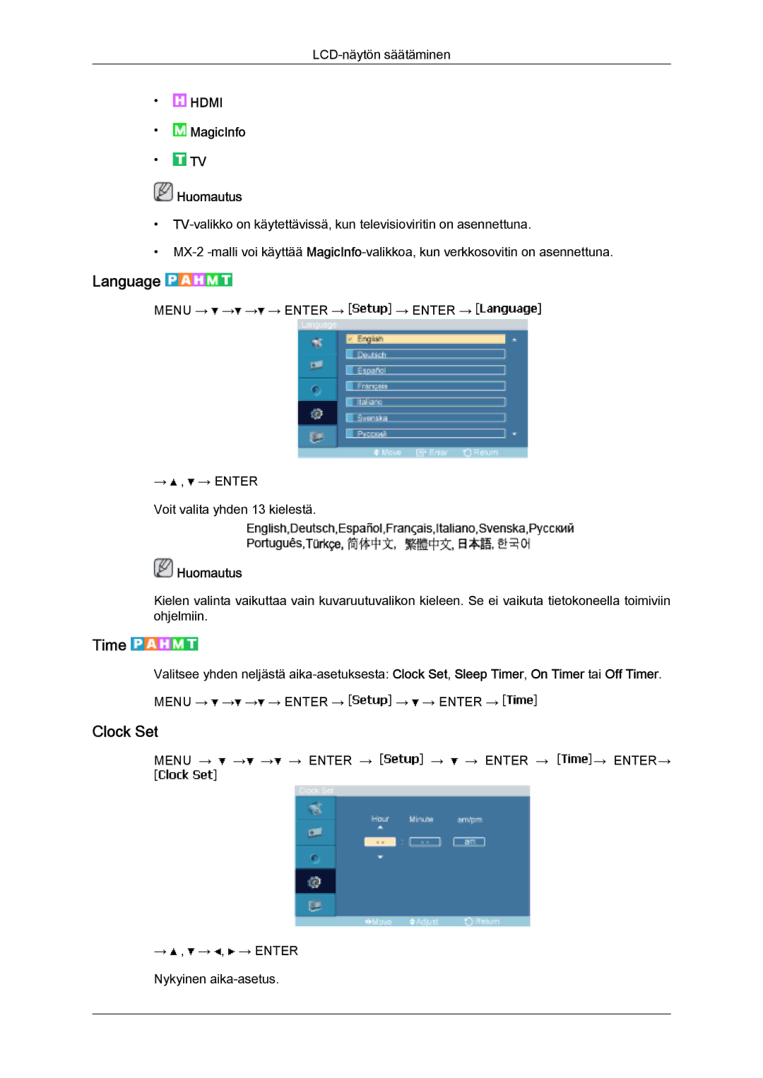 Samsung LH32MGULBC/EN, LH32MGQLBC/EN manual Language, Time, Clock Set 