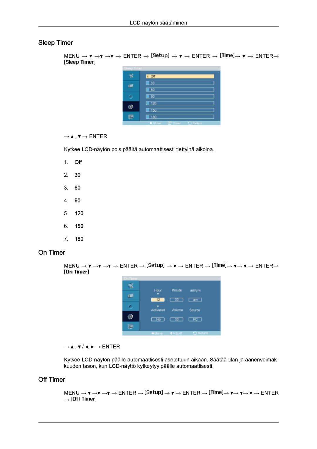 Samsung LH32MGQLBC/EN, LH32MGULBC/EN manual Sleep Timer, On Timer, Off Timer 