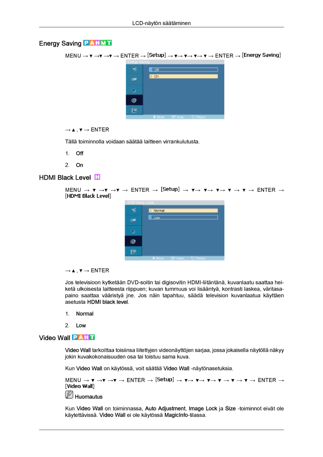 Samsung LH32MGQLBC/EN, LH32MGULBC/EN manual Energy Saving, Hdmi Black Level, Video Wall, Normal Low 